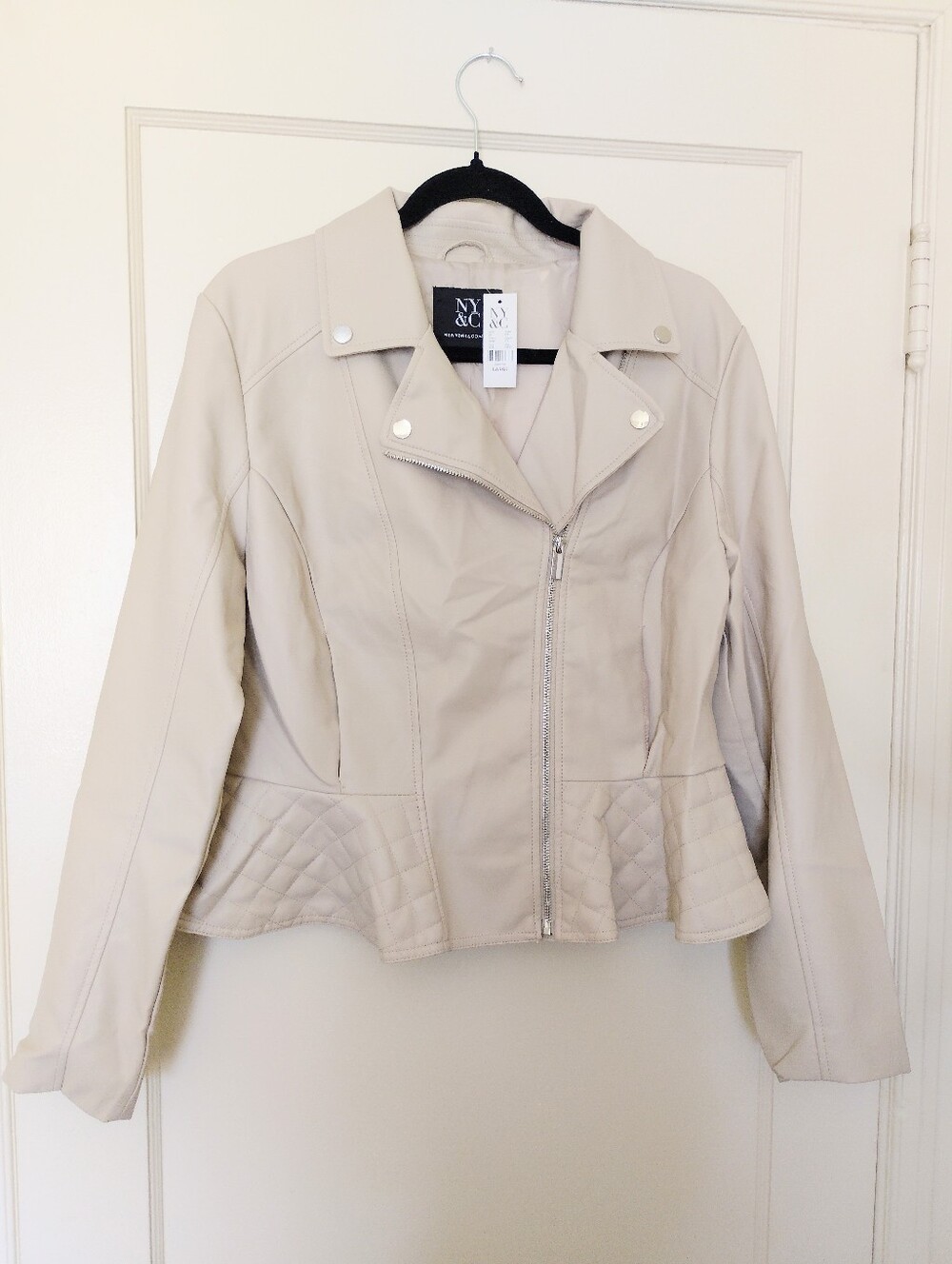 New York And Company Cream Faux Leather Moto Jacket • Quilted Panels Asymmetric
